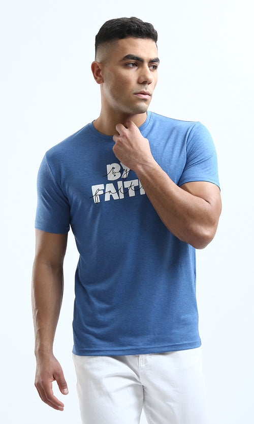 O182406 "By Faith" Printed Cotton Tee - Heather Steel Blue
