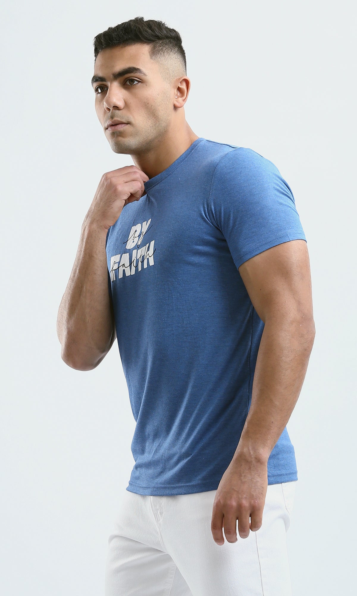 O182406 "By Faith" Printed Cotton Tee - Heather Steel Blue