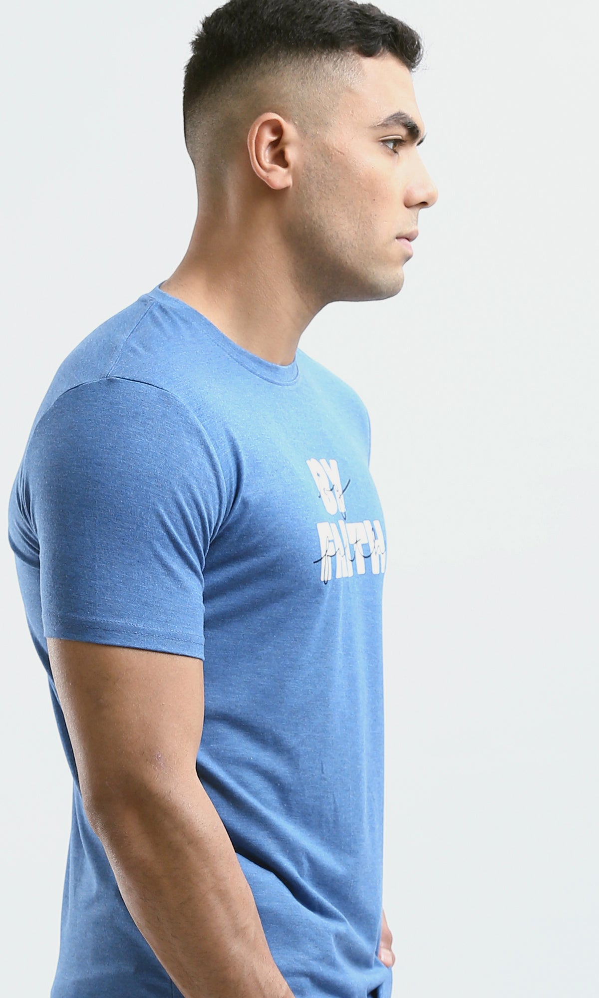 O182406 "By Faith" Printed Cotton Tee - Heather Steel Blue