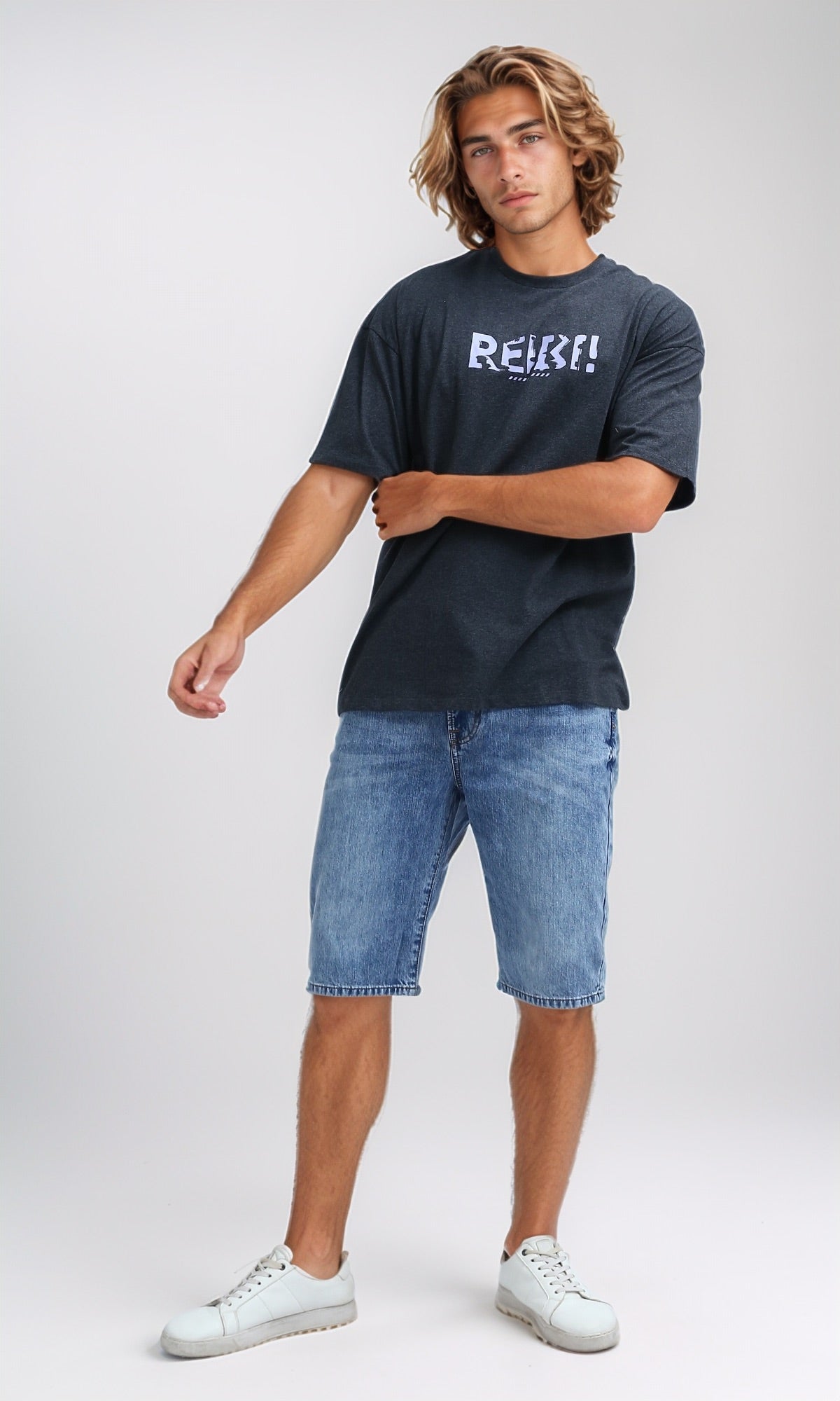 O182410 Slip On Cotton Tee With Elbow Sleeves - Heather Dark Grey
