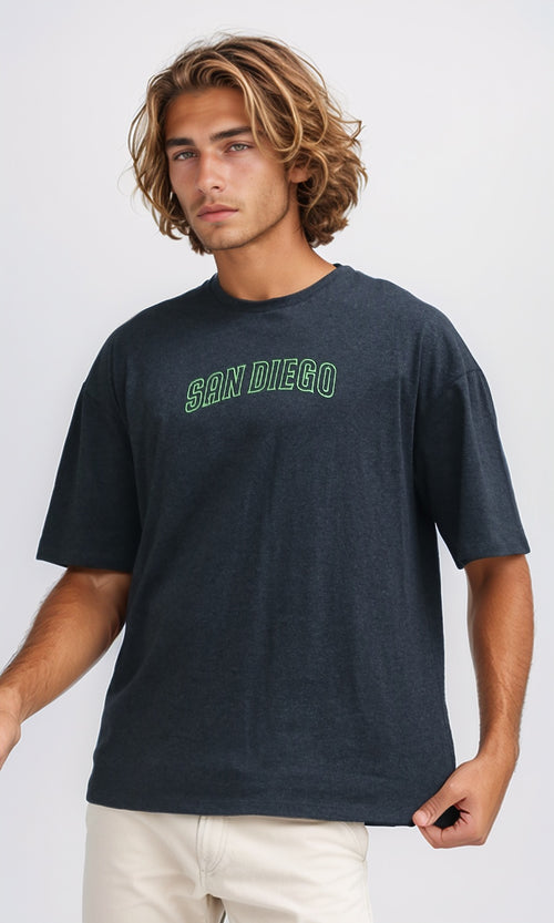 O182411 Heather Dark Grey Printed ''San Diego'' Cotton Tee