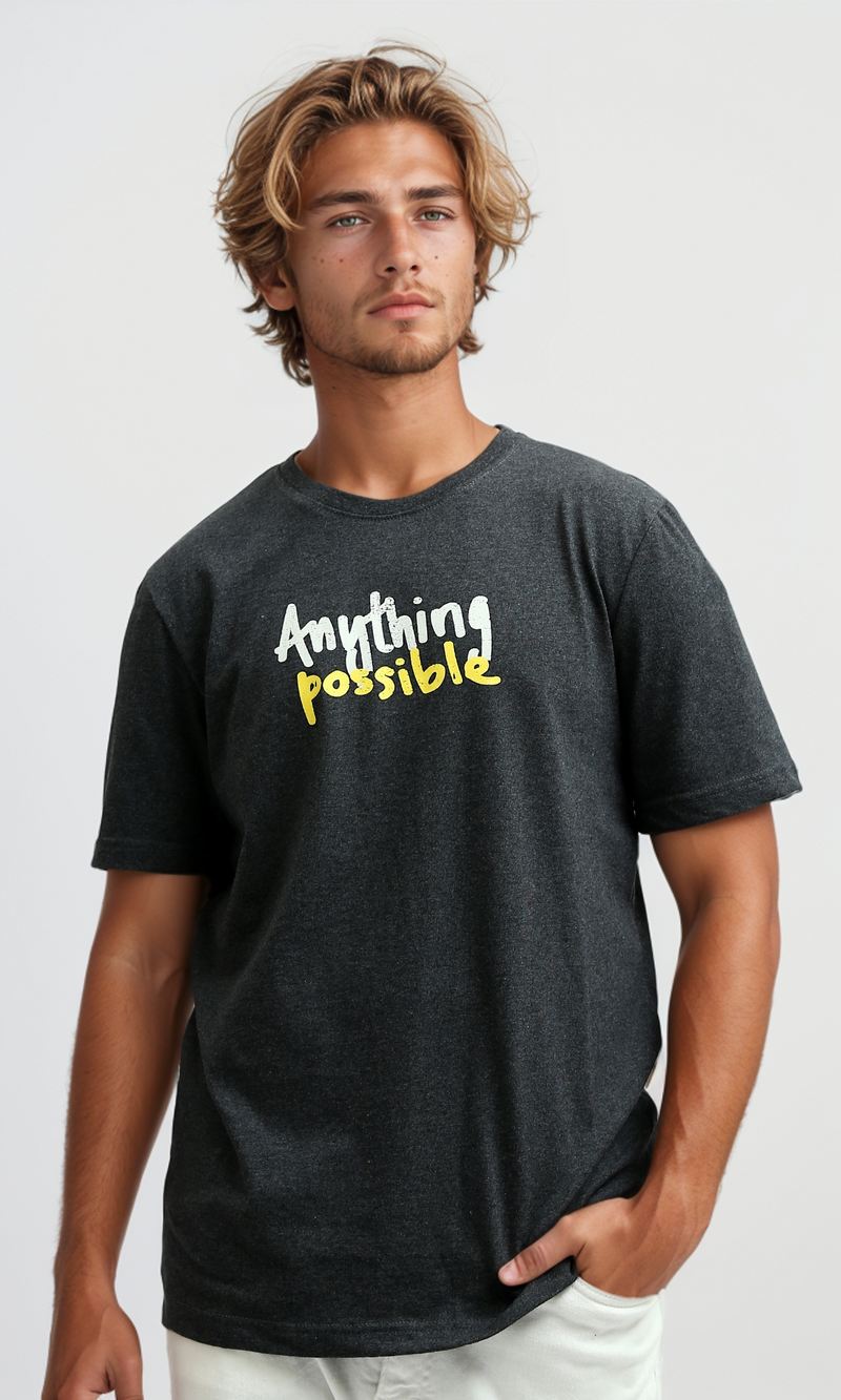 O182412 Round Neck Slip On Heather Dark Grey Printed Tee