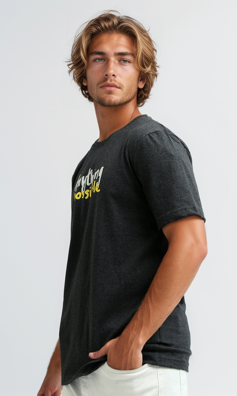 O182412 Round Neck Slip On Heather Dark Grey Printed Tee