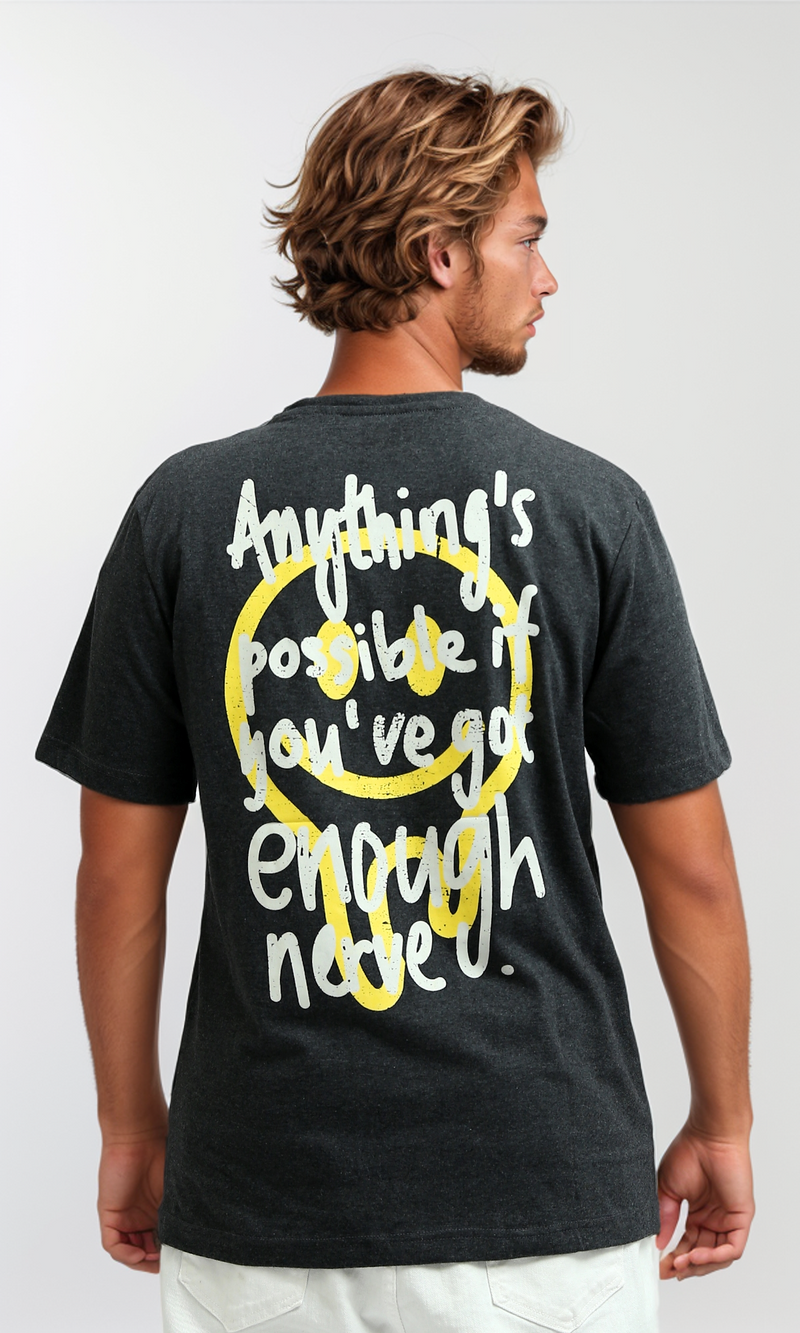 O182412 Round Neck Slip On Heather Dark Grey Printed Tee