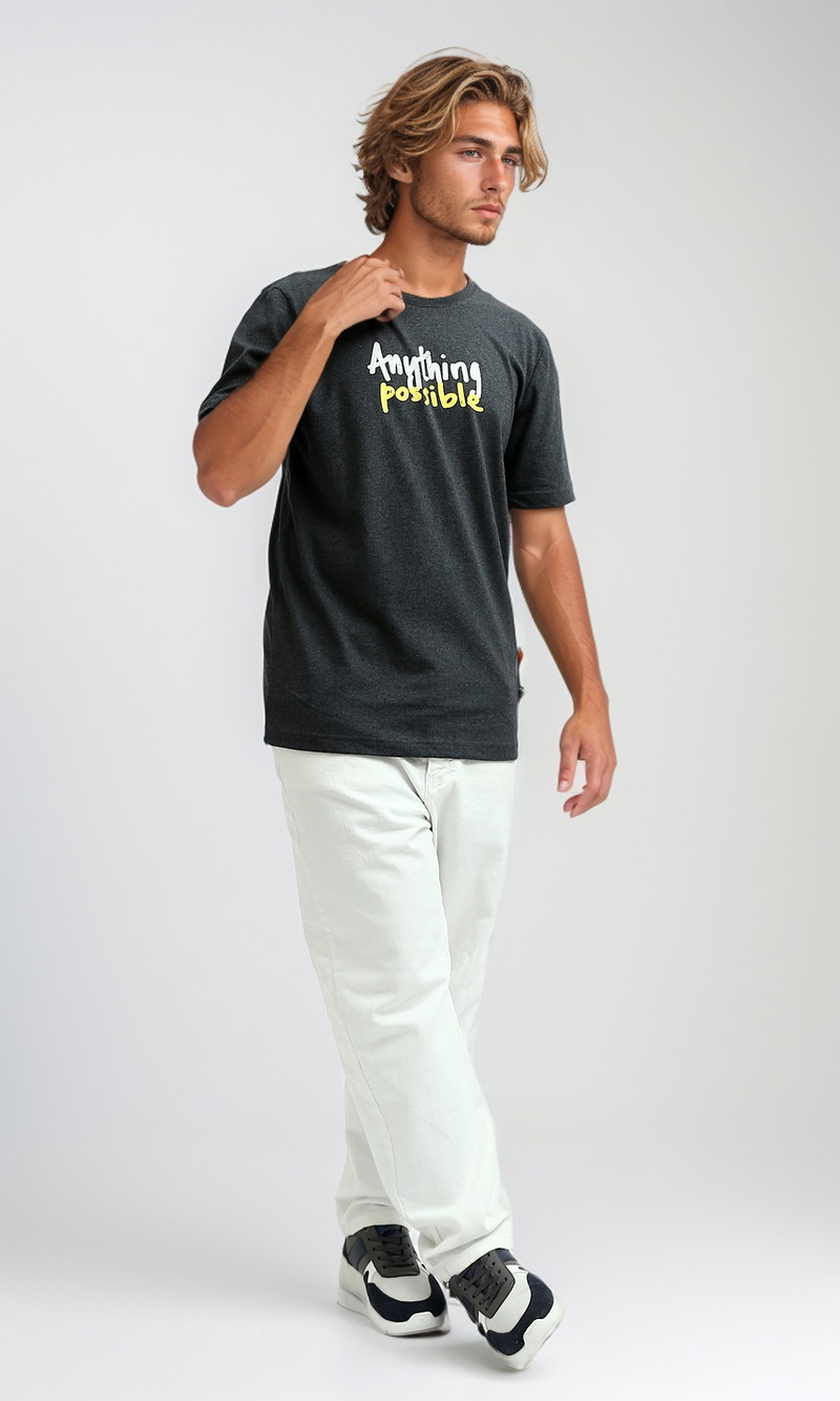 O182412 Round Neck Slip On Heather Dark Grey Printed Tee