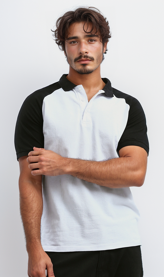 O182416 Regular Fit White Polo Shirt With Black Shoulder Sleeve