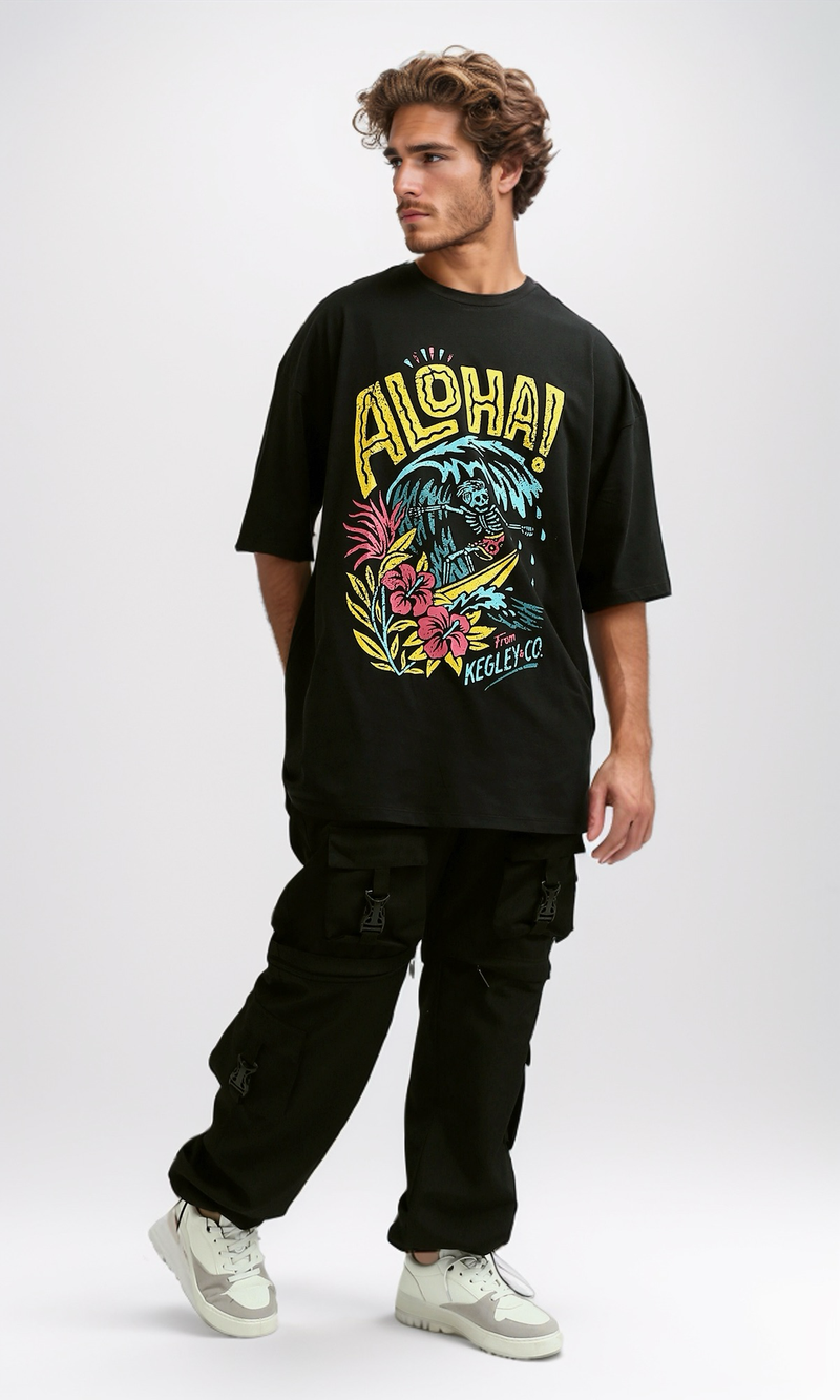 O182428 Round Neck Slip On Black Printed Tee