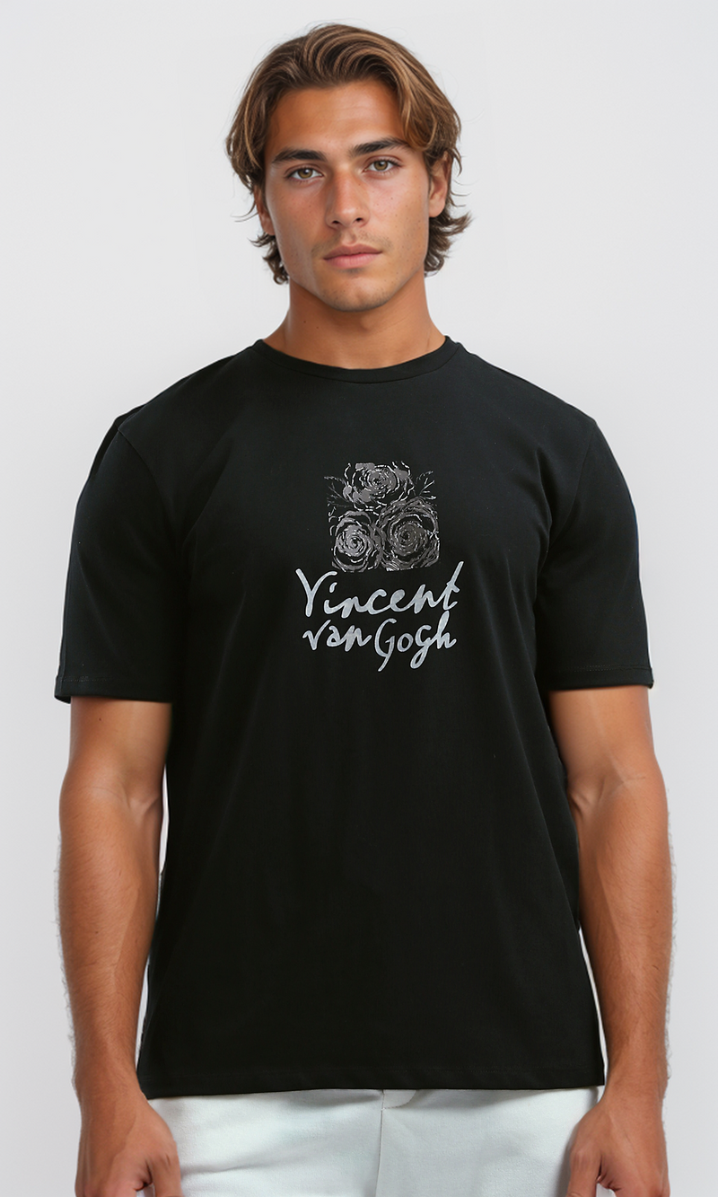 تي شيرت مريح بقصة عادية أسود سهل الارتداء