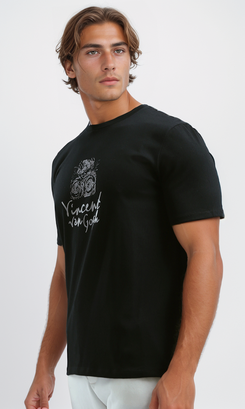 تي شيرت مريح بقصة عادية أسود سهل الارتداء