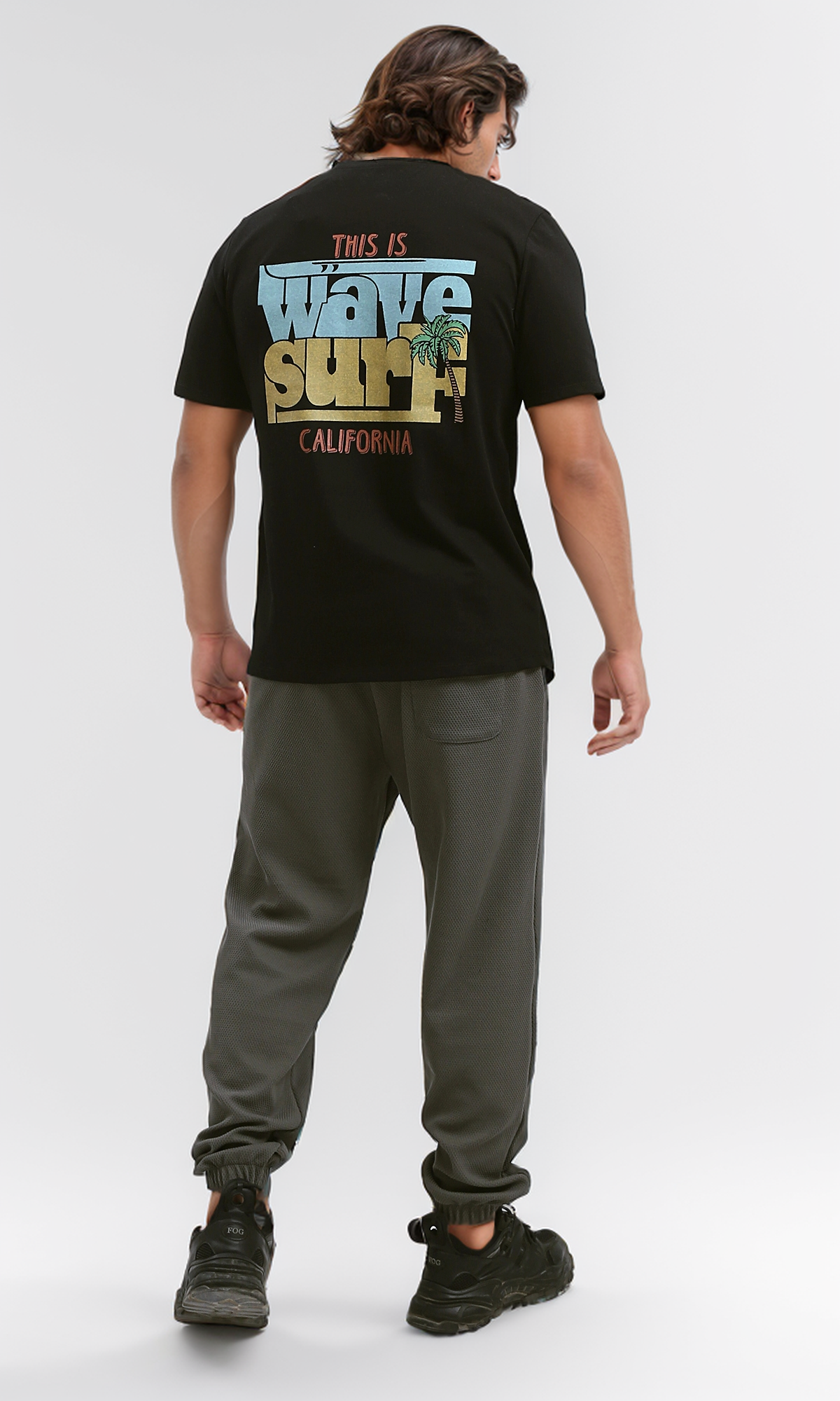 O182438 Front & Back Print Black Round Neck Tee