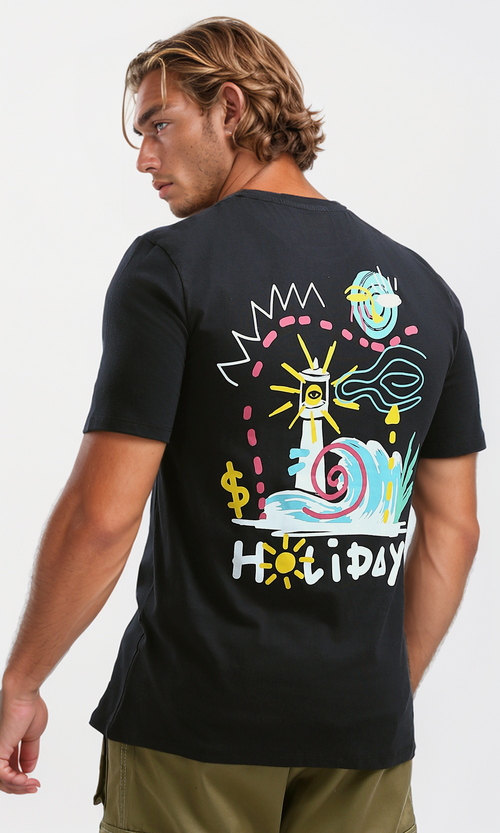 تي شيرت قطن أسود بأكمام قصيرة "Holiday"