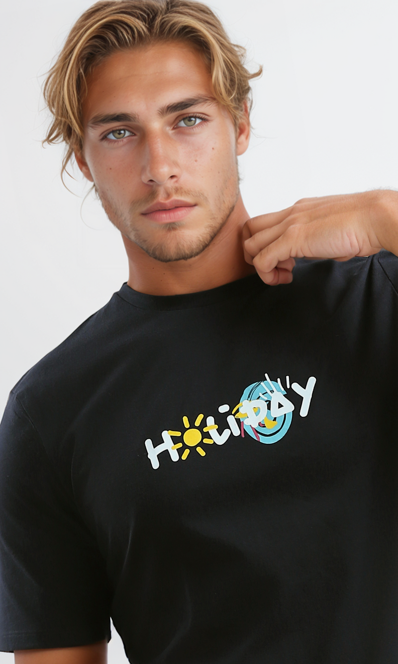 O182441 "Holiday" Black Short Sleeves Cotton Tee