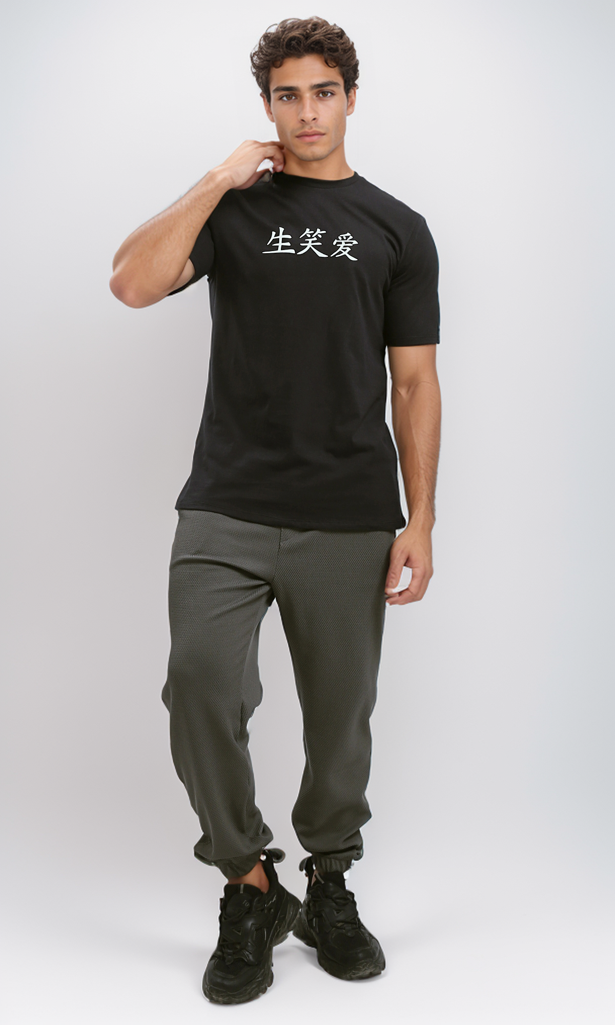 O182442 Round Neck Black Casual Summer Tee