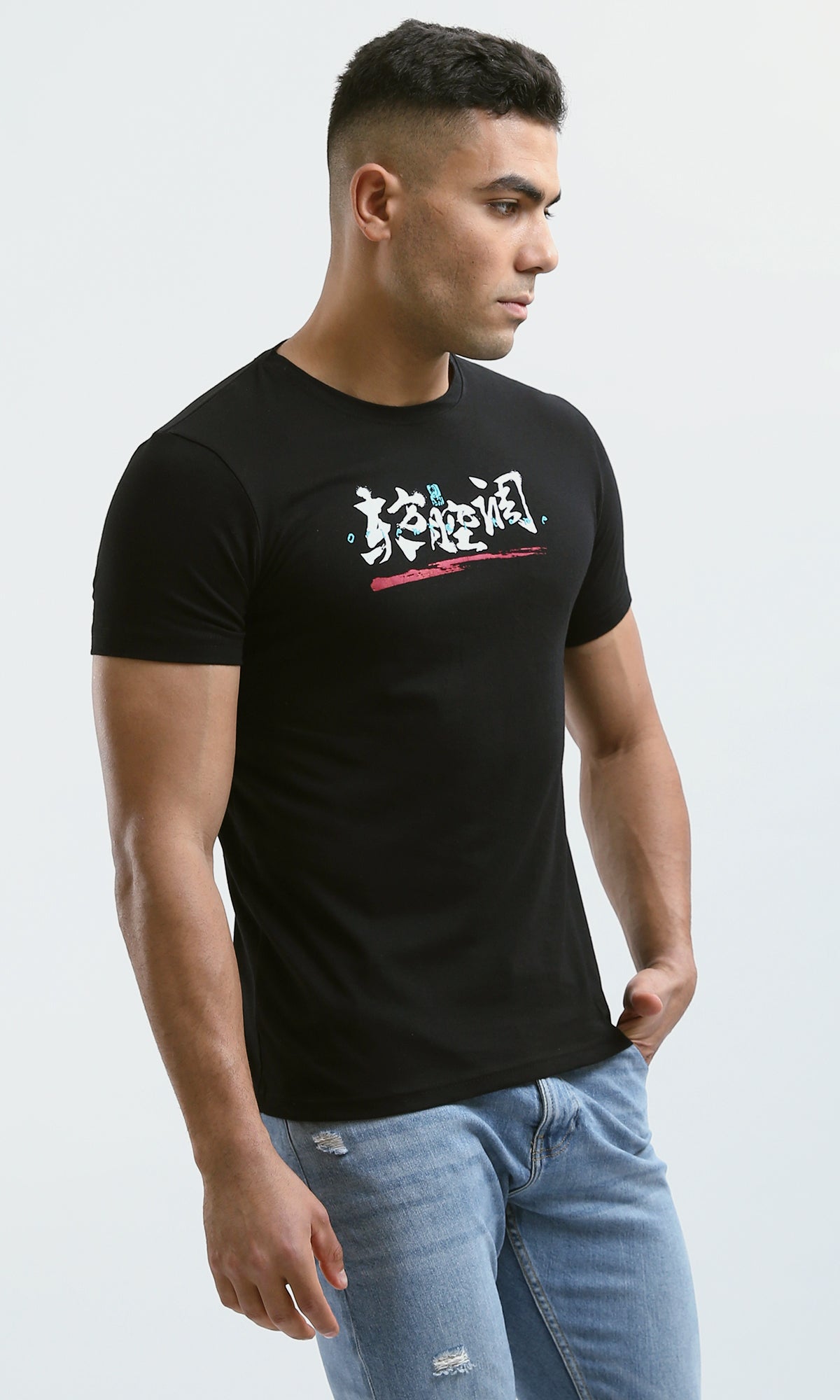 O182444 Regular Fit Black Tee With Front & Back Print