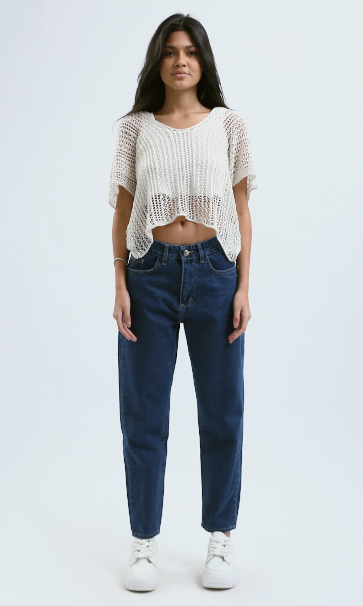 O182705 Perforated Crochet White Summer Top