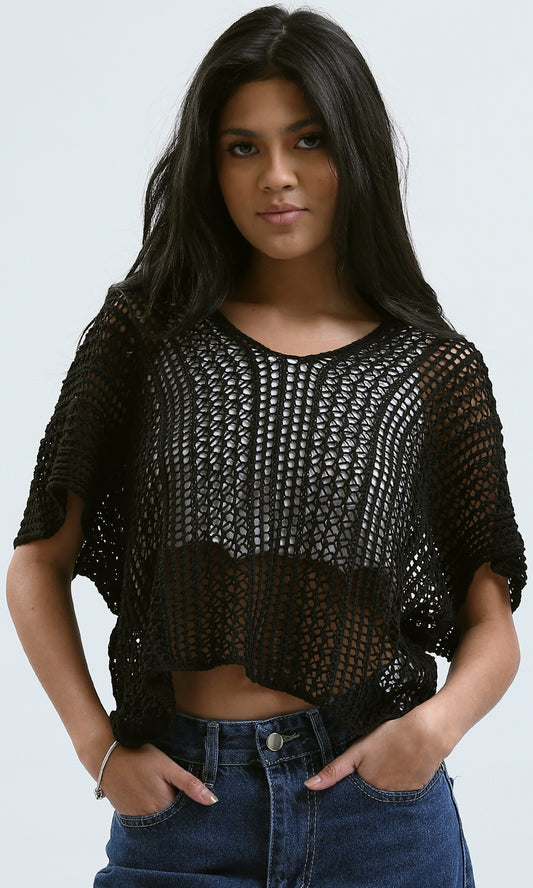 O182706 Black Loose Perforated Top With Wide V-Neck