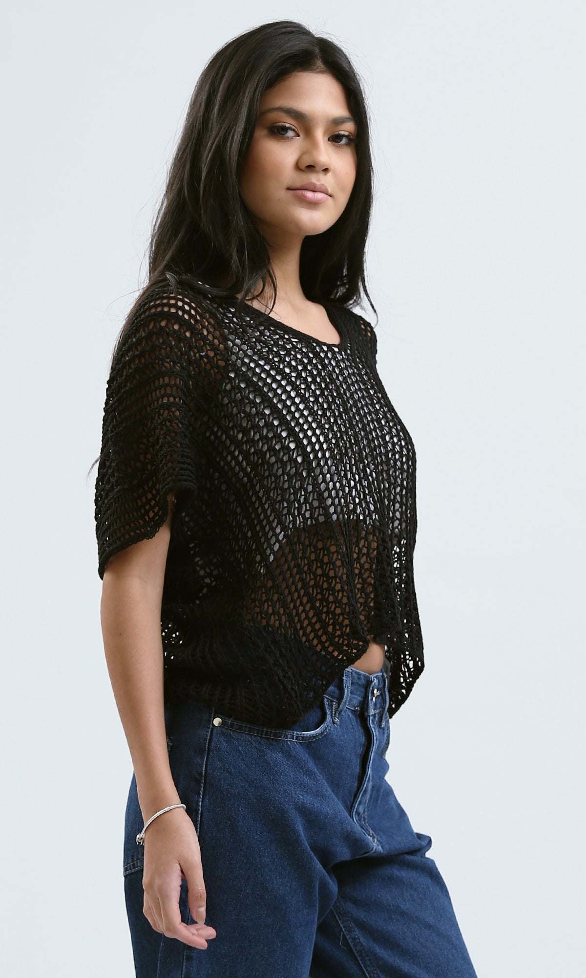 O182706 Black Loose Perforated Top With Wide V-Neck