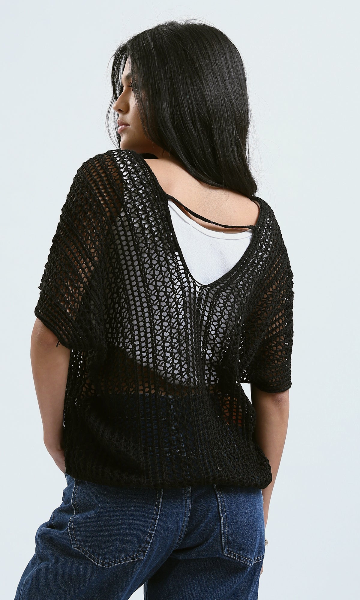 O182706 Black Loose Perforated Top With Wide V-Neck