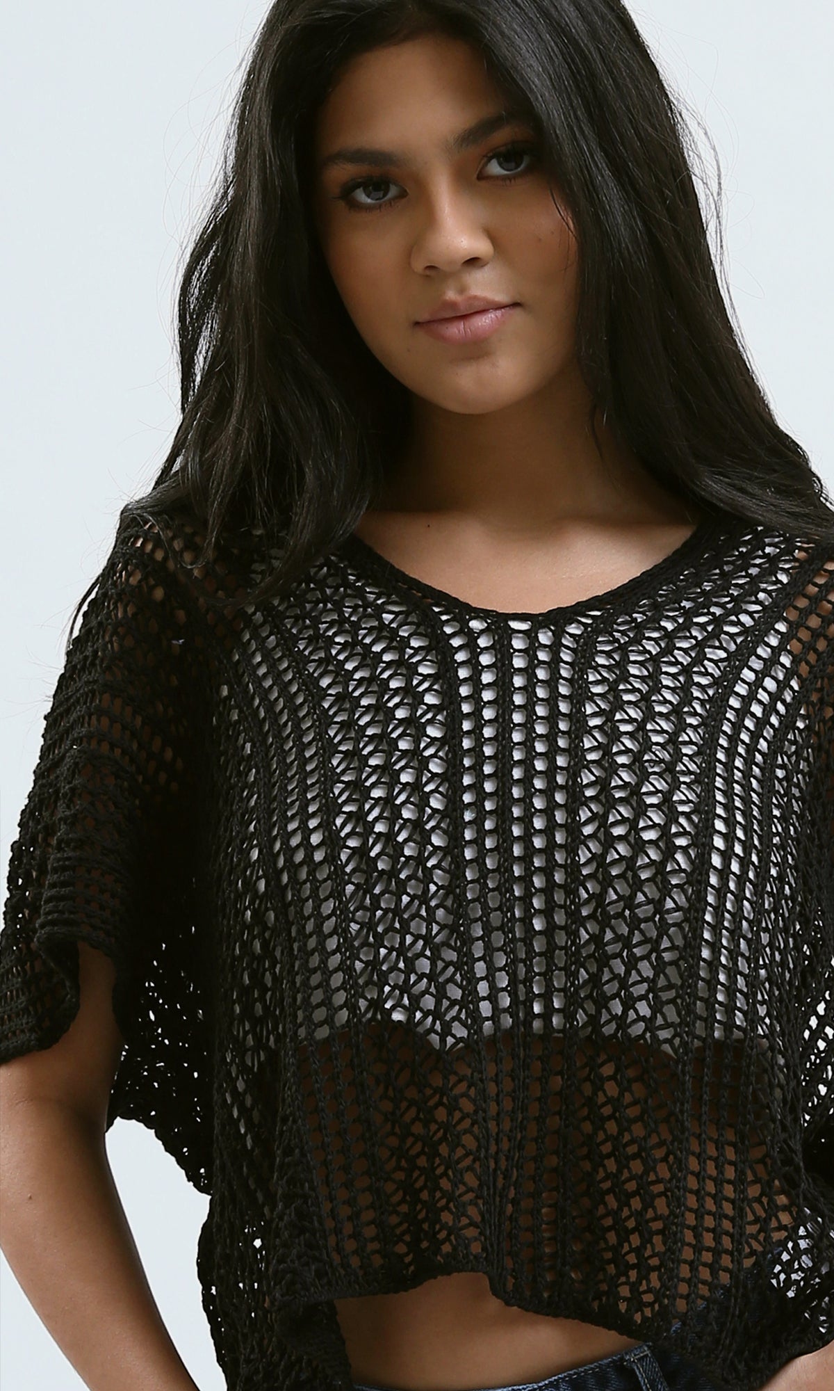 O182706 Black Loose Perforated Top With Wide V-Neck