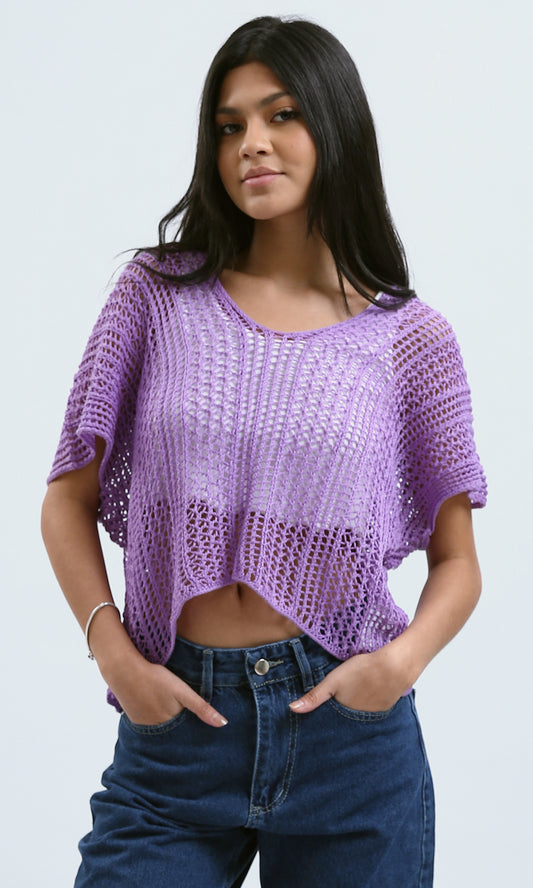 O182707 Slip On Elbow-Sleeves Light Purple Knitted Top