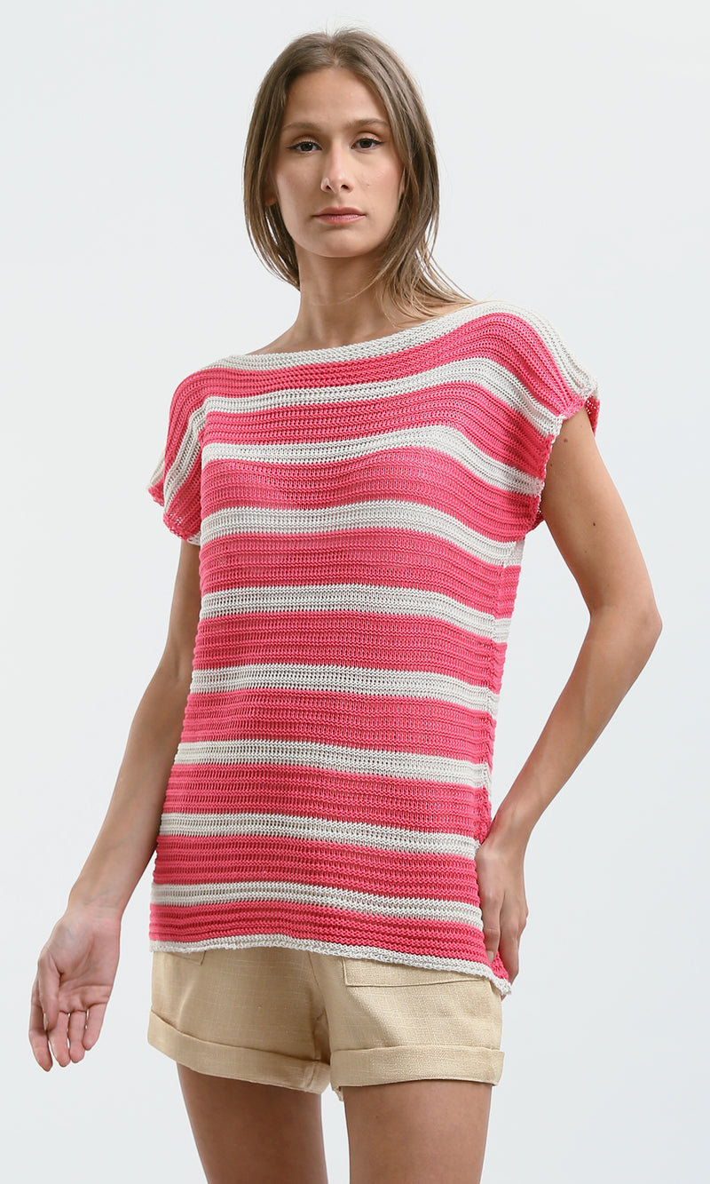 O182710 Trendy Striped Slip On Summer Top - Pink & White