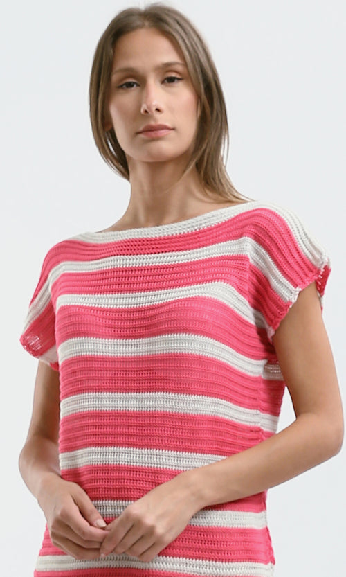 O182710 Trendy Striped Slip On Summer Top - Pink & White