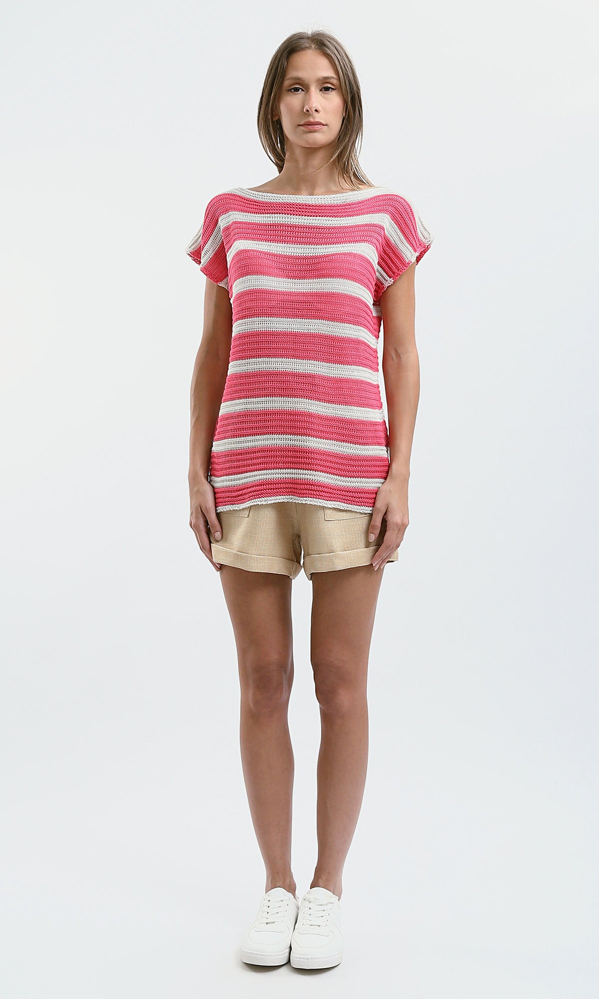 O182710 Trendy Striped Slip On Summer Top - Pink & White