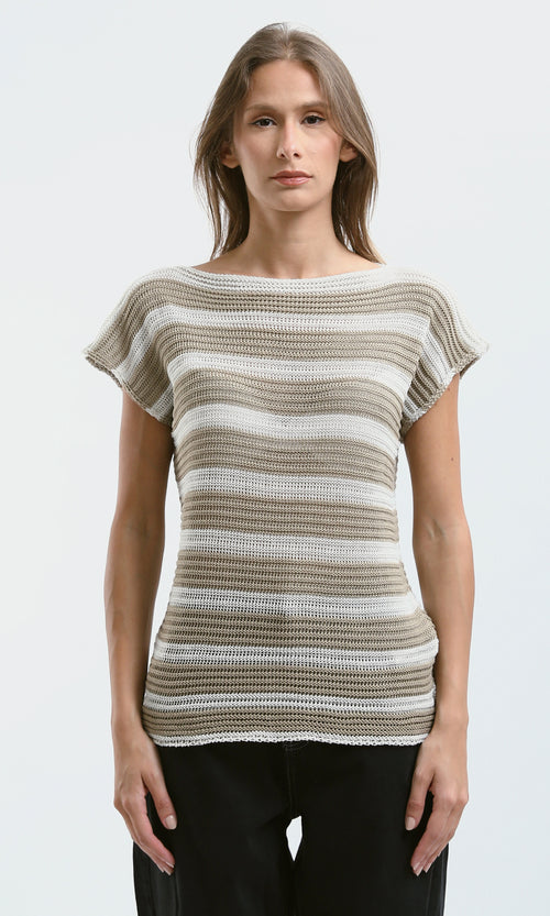 O182711 Striped Beige & White Knitted Short Sleeves Top