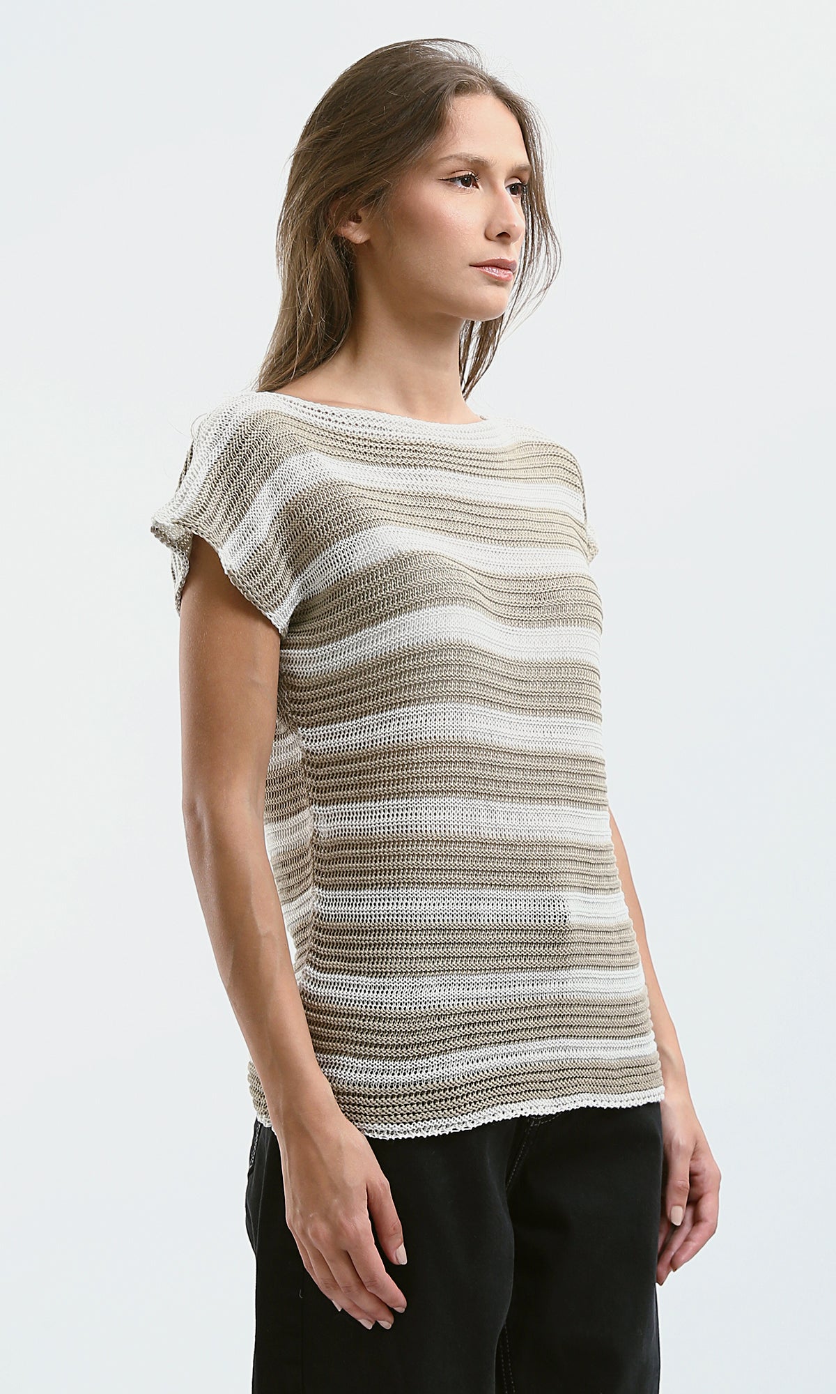 O182711 Striped Beige & White Knitted Short Sleeves Top