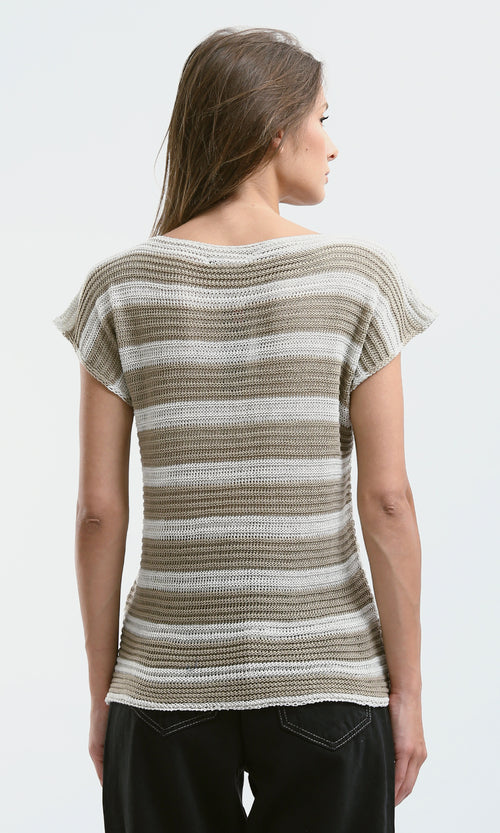 O182711 Striped Beige & White Knitted Short Sleeves Top