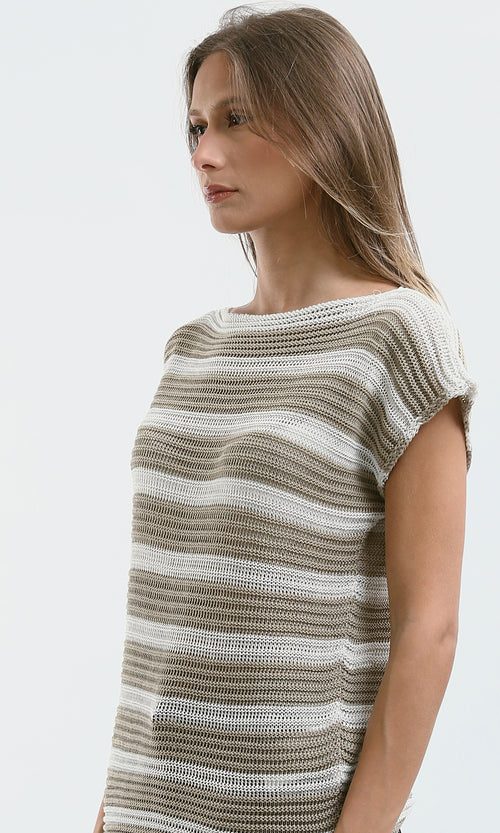 O182711 Striped Beige & White Knitted Short Sleeves Top