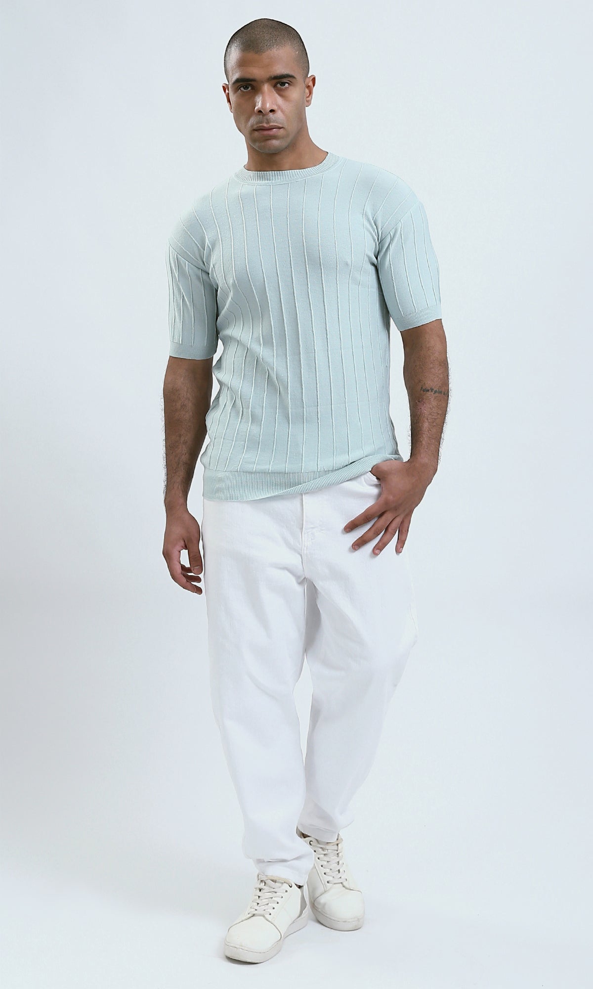 O182712 Round Neck Short Sleeves Kintted Tee - Mentgreen