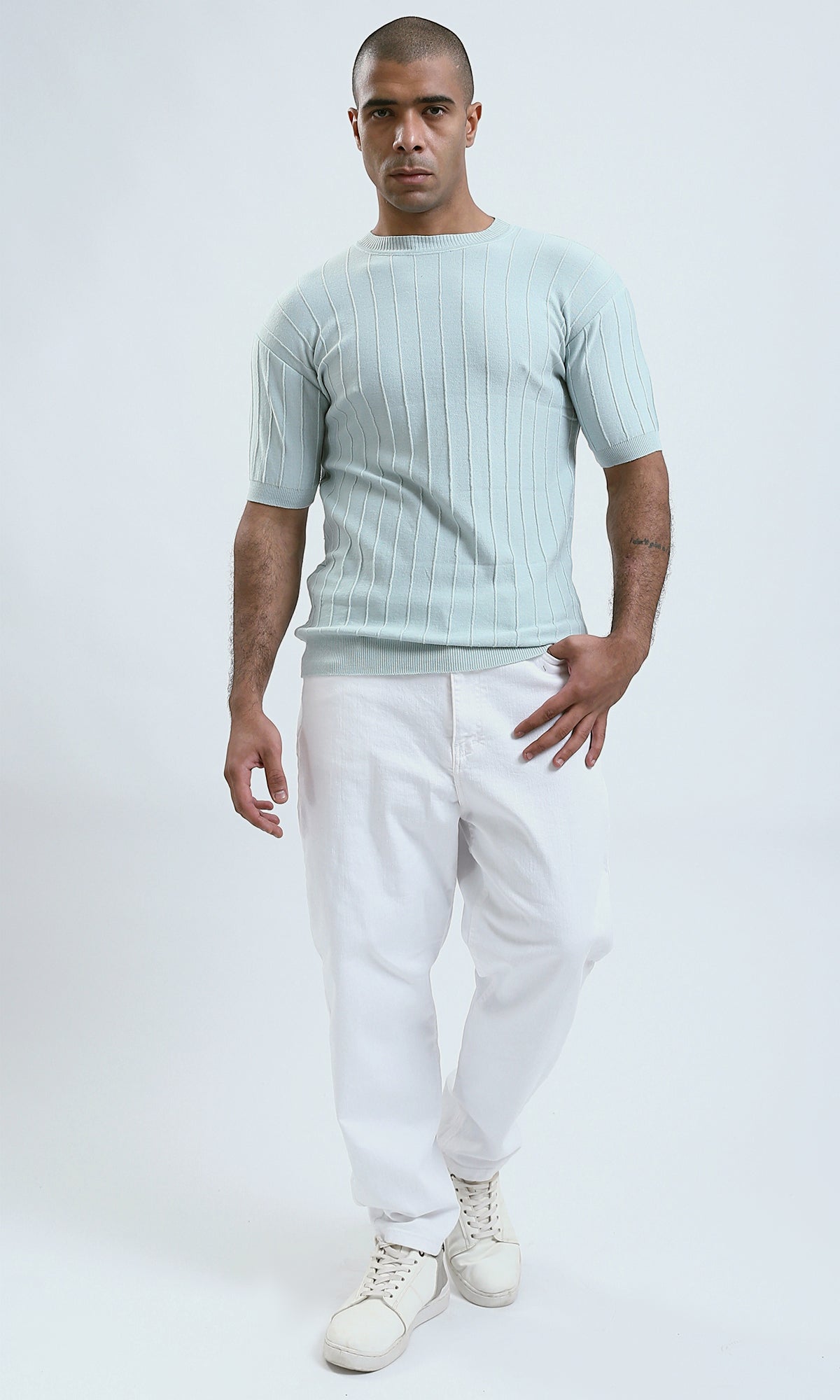 O182712 Round Neck Short Sleeves Kintted Tee - Mentgreen