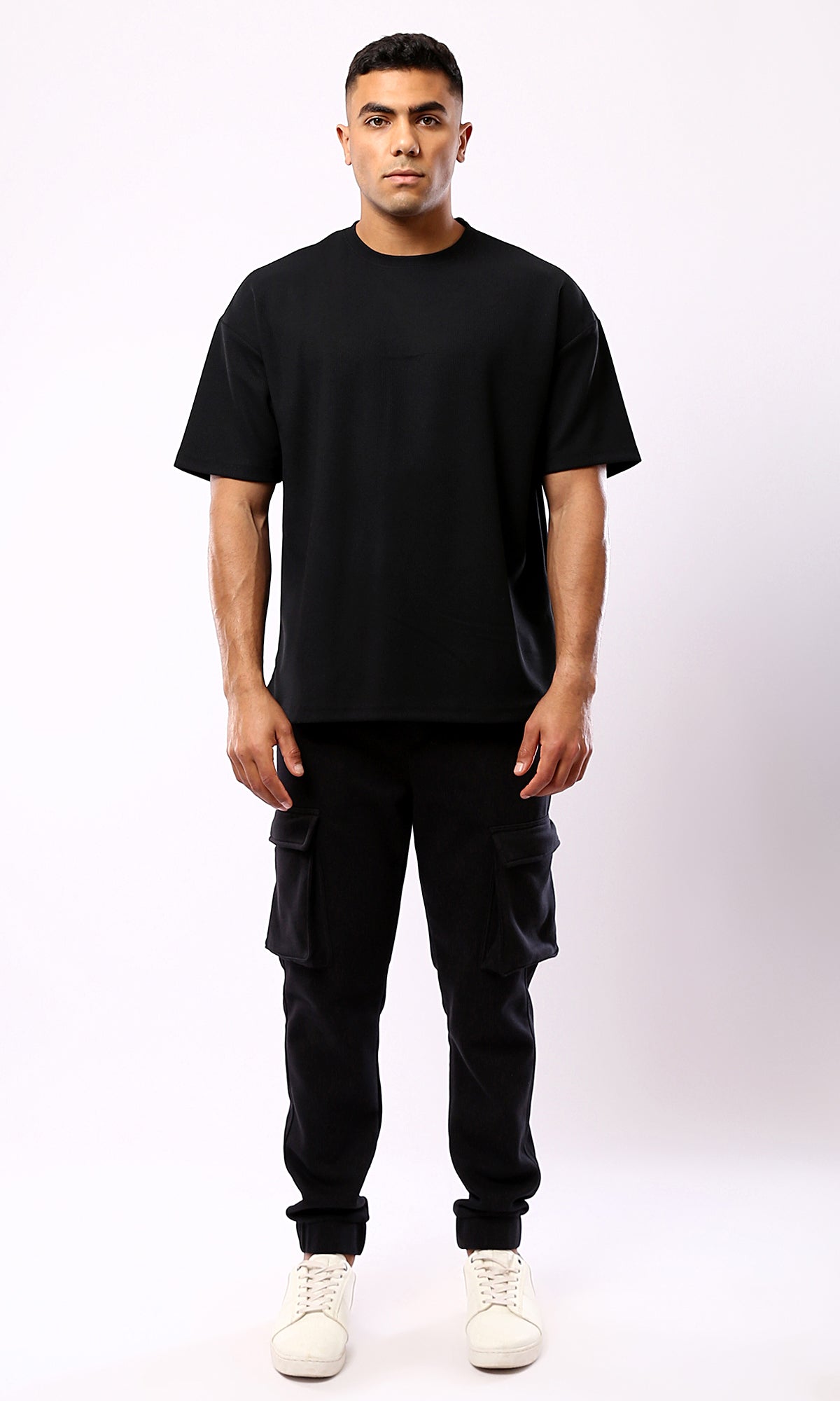 O182737 Relaxed Fit Black Tee With Elbow Sleeves