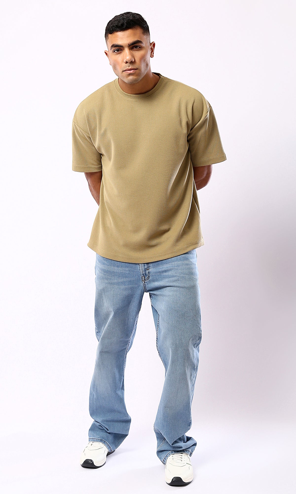 O182740 Self Pattern Dark Beige Relaxed Fit Polyester Tee