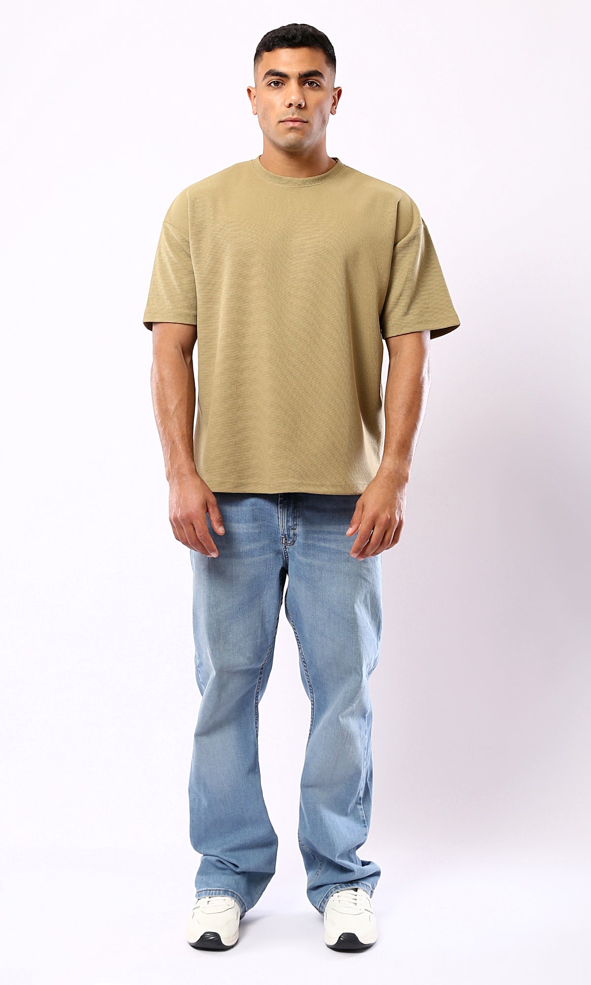 O182740 Self Pattern Dark Beige Relaxed Fit Polyester Tee