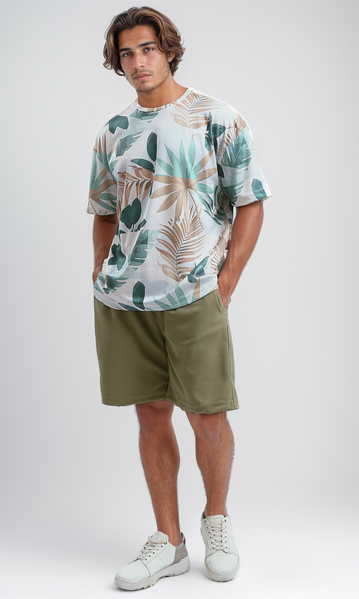 O182744 Elastic Waist Patterned Summer Shorts - Light Olive