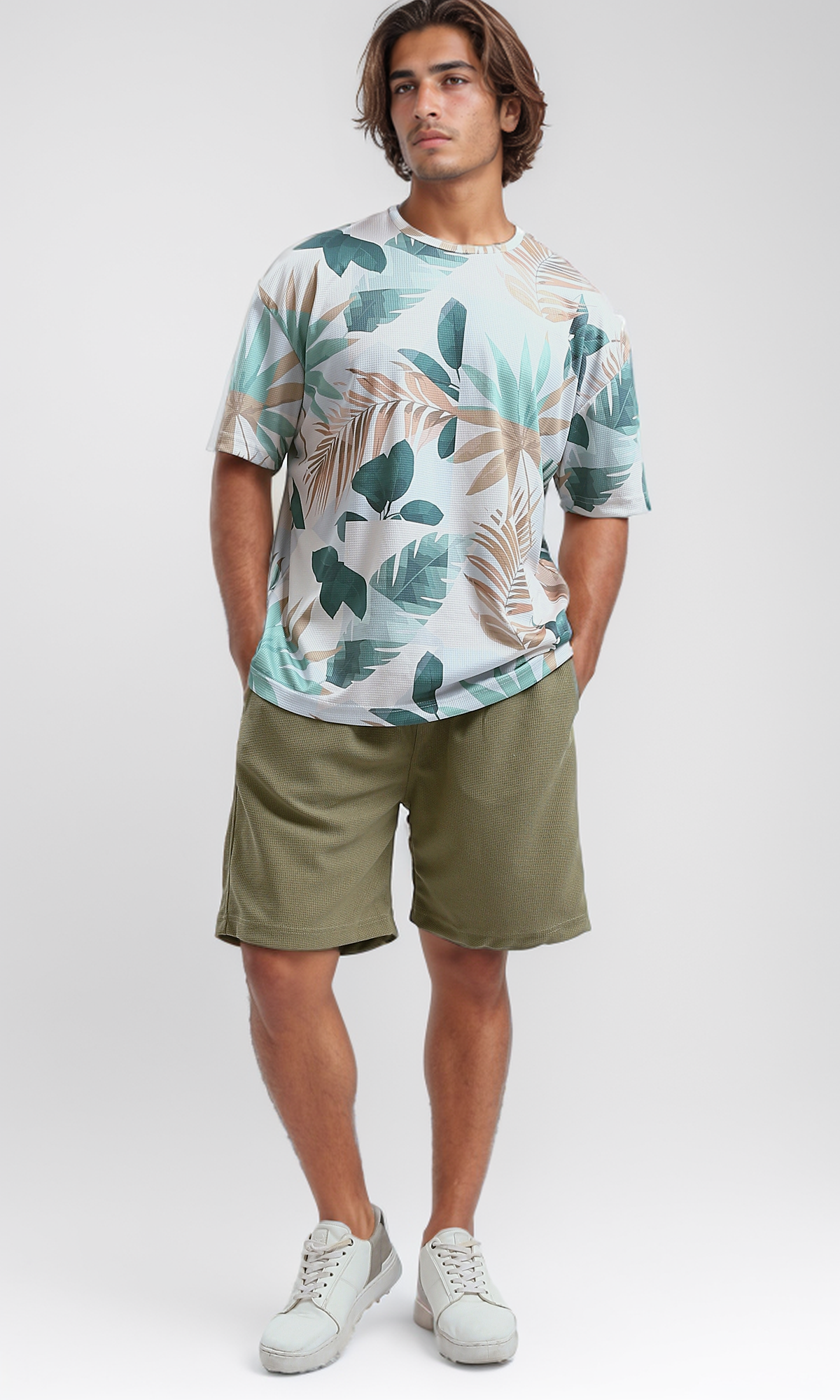 O182744 Elastic Waist Patterned Summer Shorts - Light Olive