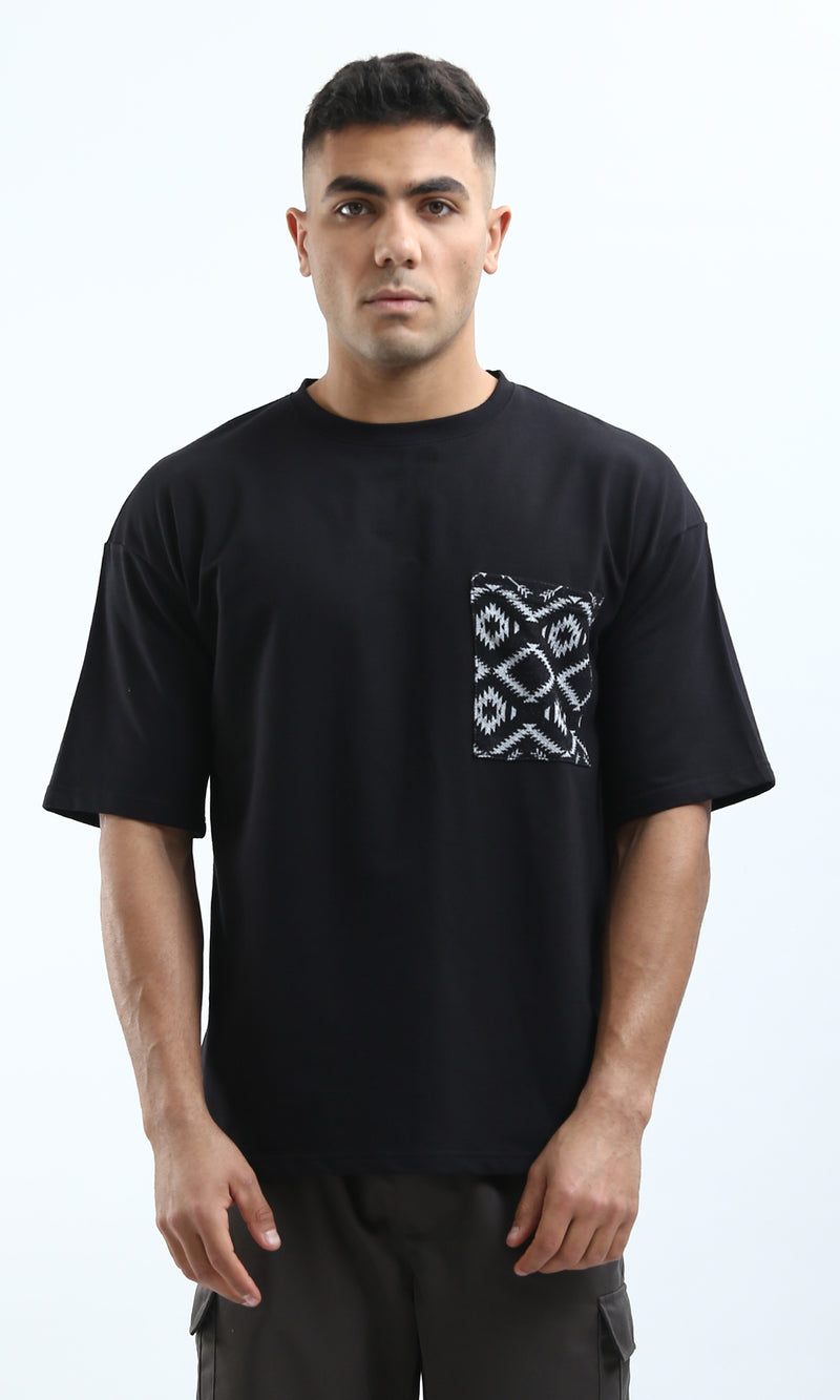 O182745 Black Relaxed Fit Black Tee With Patterned Pocket