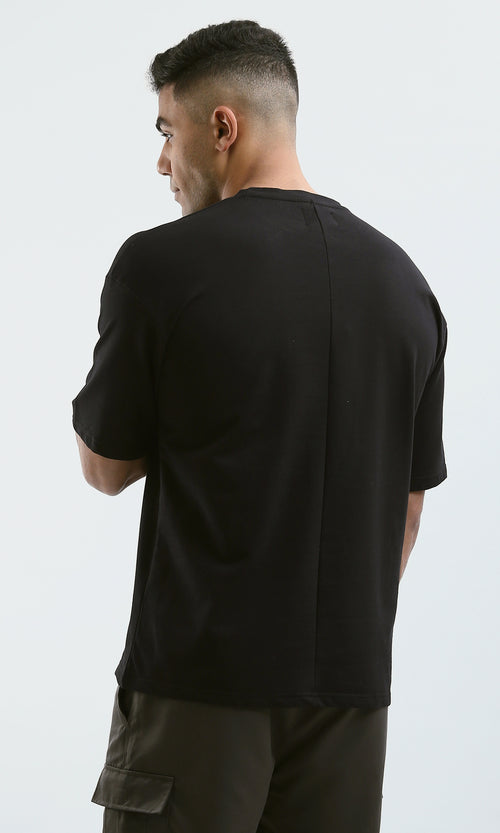 O182745 Black Relaxed Fit Black Tee With Patterned Pocket