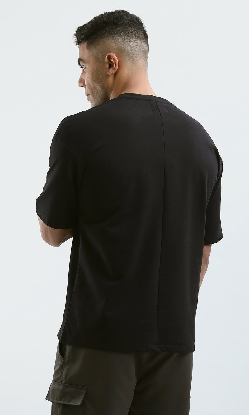 O182745 Black Relaxed Fit Black Tee With Patterned Pocket