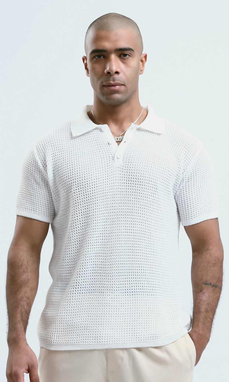O182756 - Buttoned Neck White Knitted Polo Shirt