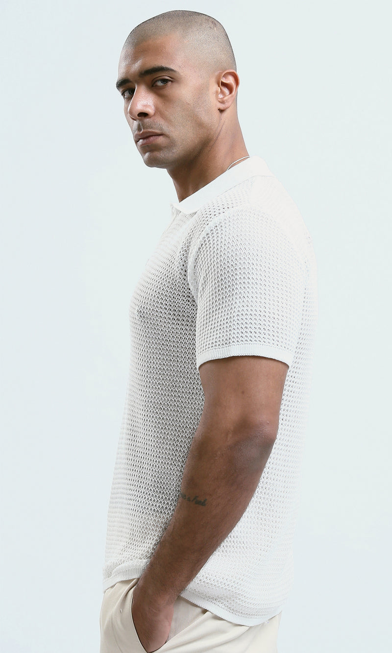O182756 - Buttoned Neck White Knitted Polo Shirt
