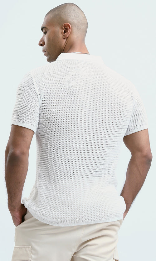 O182756 - Buttoned Neck White Knitted Polo Shirt