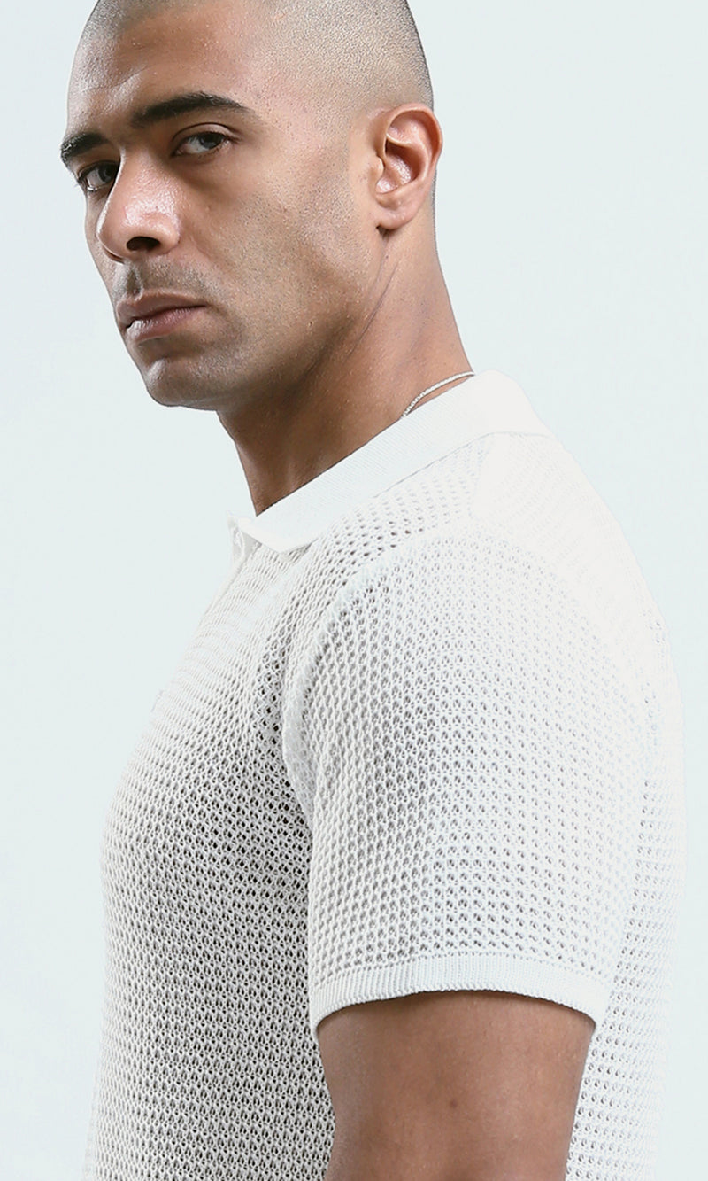O182756 - Buttoned Neck White Knitted Polo Shirt