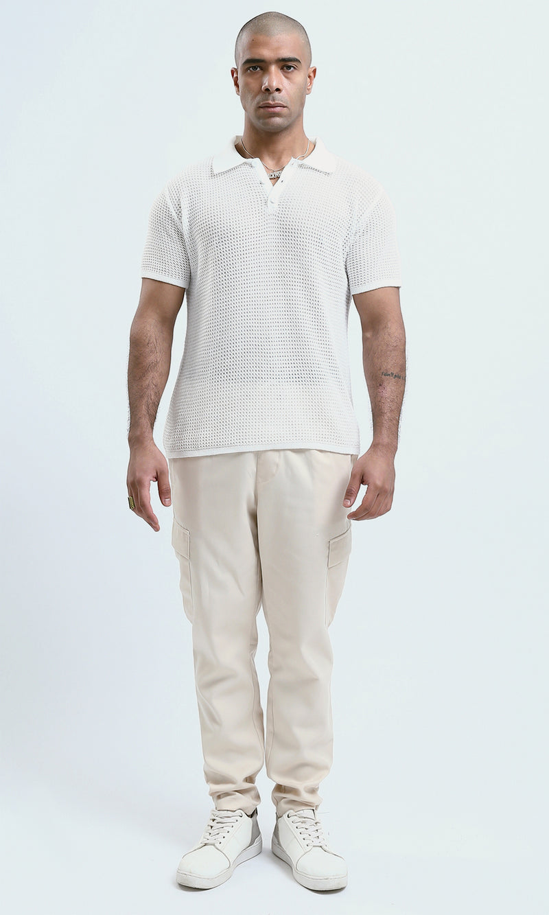 O182756 - Buttoned Neck White Knitted Polo Shirt