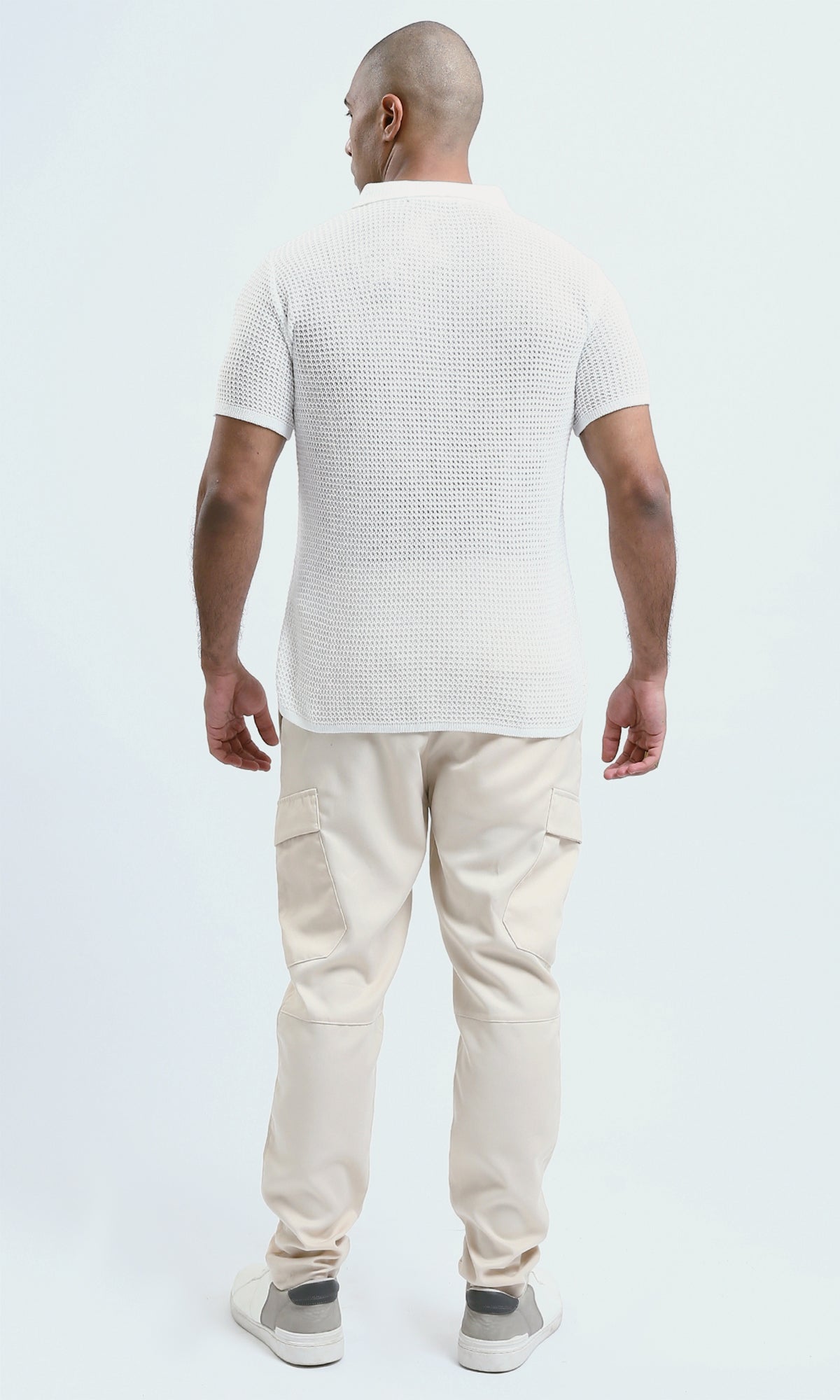 O182756 Buttoned Neck White Knitted Polo Shirt