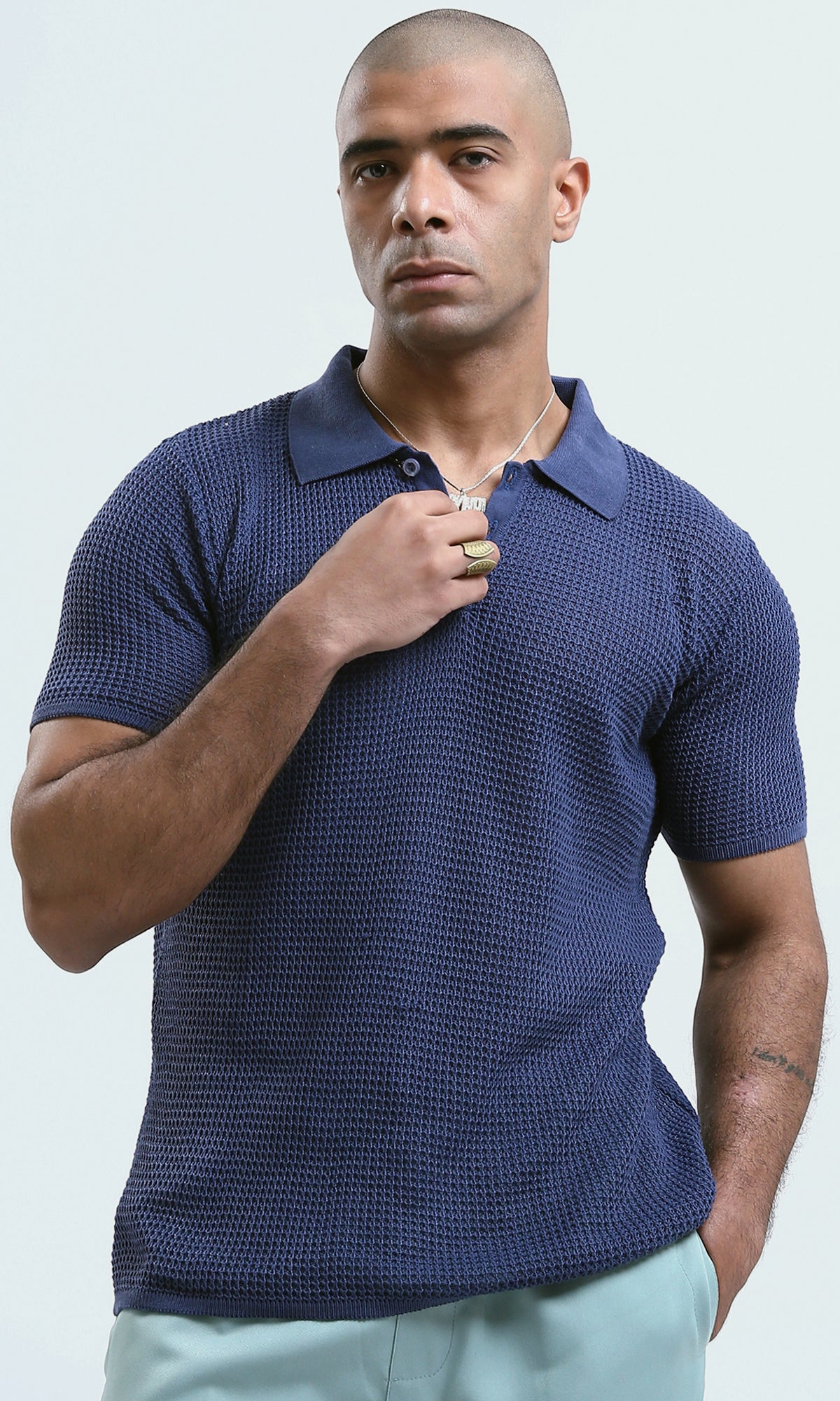 Midnight Blue Textured Knit Short Sleeve Polo - O182757