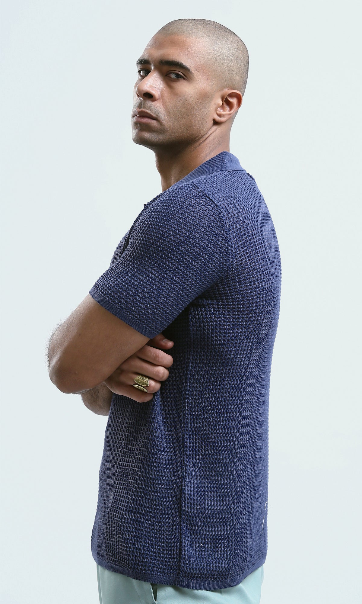 Midnight Blue Textured Knit Short Sleeve Polo - O182757