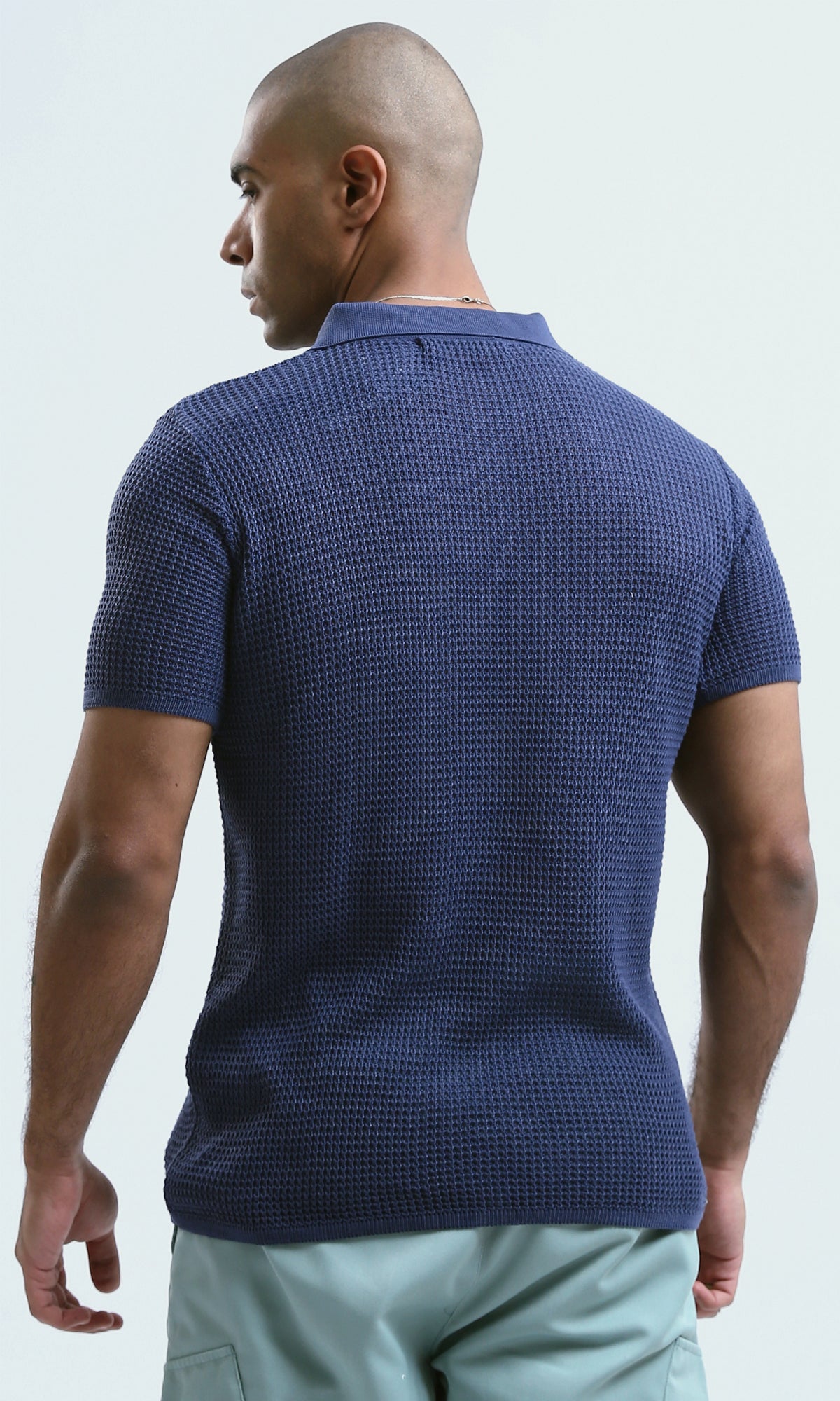 Midnight Blue Textured Knit Short Sleeve Polo - O182757